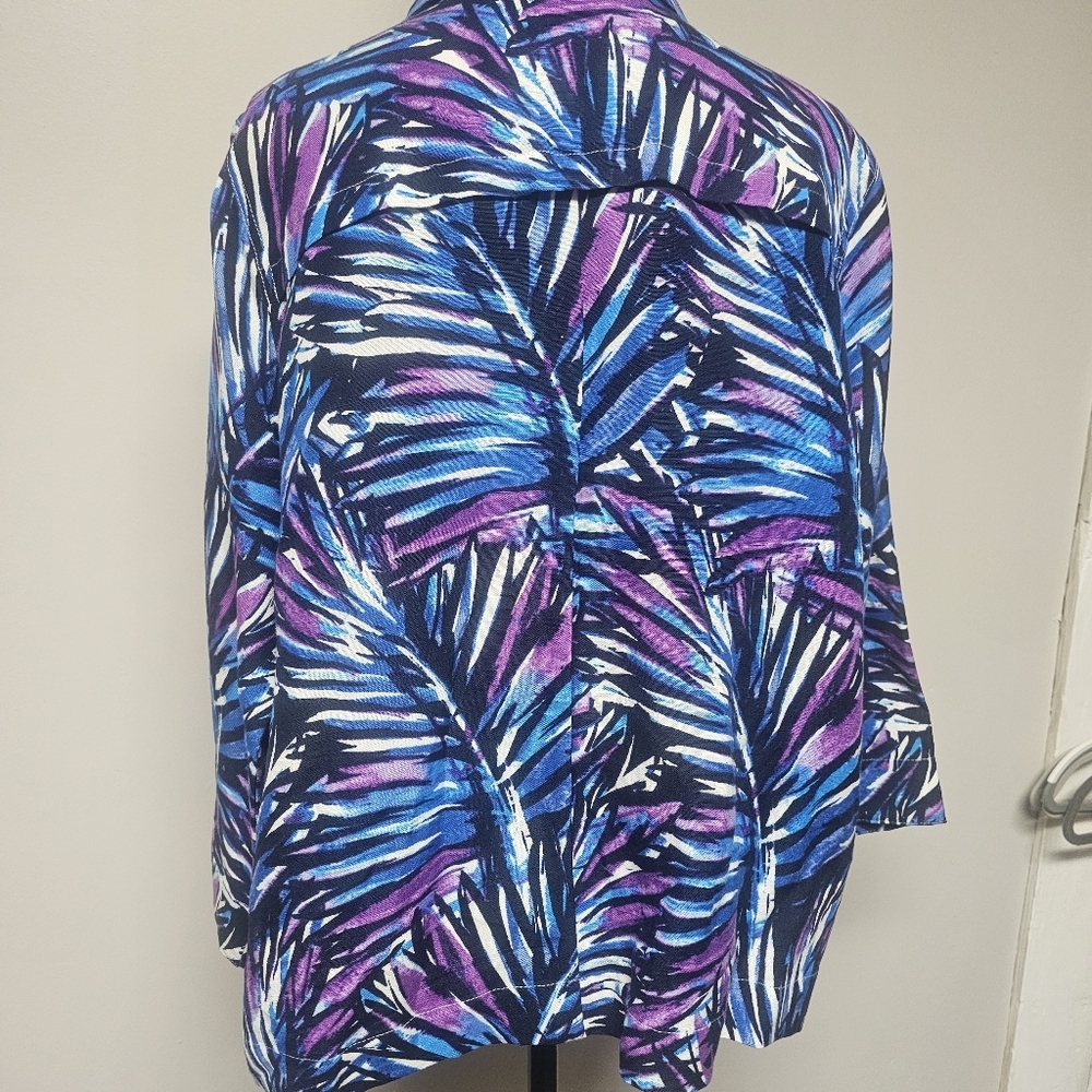 Purple Amethyst Turquoise Blue Palm Leaf Tropical Linen Blend Jacket Art To Wear - Picture 3 of 6
